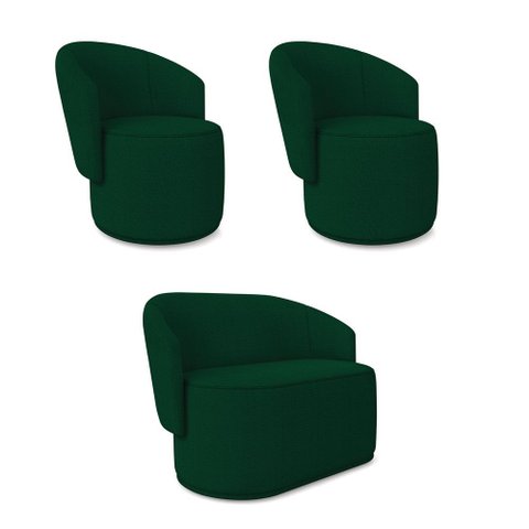 Namoradeira e 2 Poltronas Orgânica para Sala Malu Bouclê Verde M11 - D’Rossi