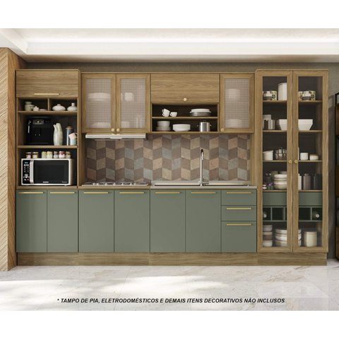 Armário de Cozinha Modulada Completa Reta 7 Peças 3,50m Botanic Kappesberg - Nogueira/verde Oliva