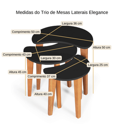 Mesas Laterais Decoração Kit 3 Elegance Napole Decor - Preto - 4