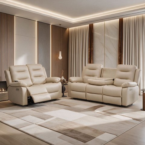 Kit Poltronas Cinema 2 e 3 Lugares Reclinável Elétrica com Massagem Montelli L07 Couríssimo Bege - L
