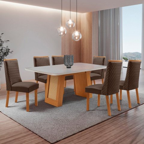 Mesa de Jantar Carolina 180cm Tampo MDF Vidro Canto Copo com 6 Cadeiras Carolina
