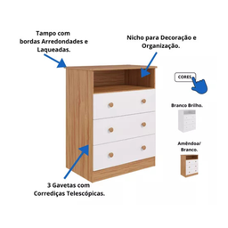 Cômoda Infantil Smim Peroba em 100% Mdf Branco com Amêndoa - 2