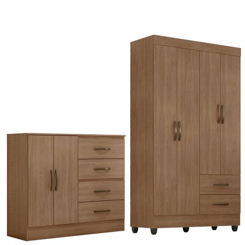 Kit Guarda-roupa Solteiro 4 Portas e Cômoda Sapateira 2 Portas Lisa Carvalho Oak