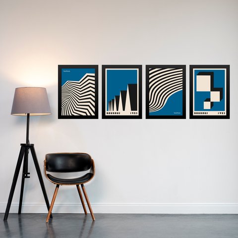 Kit 4 Quadros Artes Bauhaus Azuis e Preto 33x24cm - com Vidro:moldura Branca