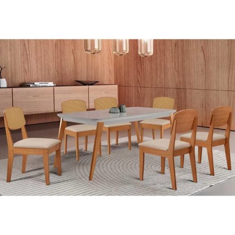 Conjunto: Mesa de Cozinha Havana Tampo c/ Vidro Curvo 180cm+6 Cadeiras Havana Naturale/Off White -