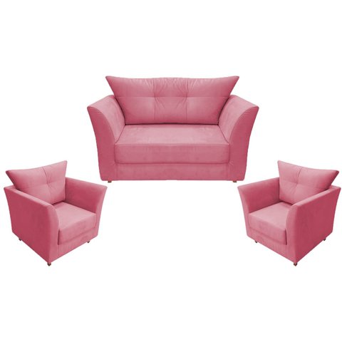 Kit Namoradeira + 2 Poltronas Decorativa Isis Suede Rosa Pés Madeira Mz Decor