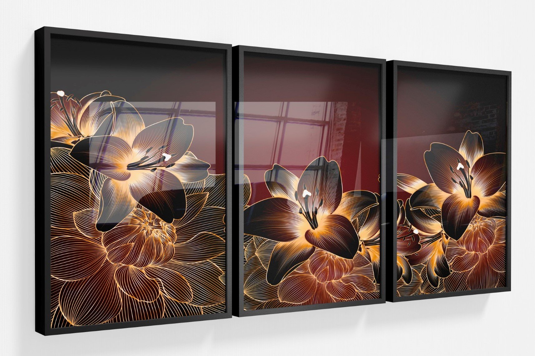 Kit 03 Quadros com Vidro Decorativos  1,59X0,78 - Digital Floral Vinho