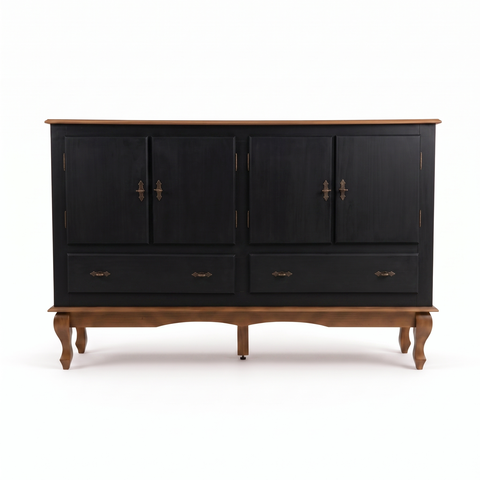 Balcão 4 Portas 2 Gavetas Maciço MDF Grande Buffet Sala Jantar Pés Luiz Xv Preto - Imbuia