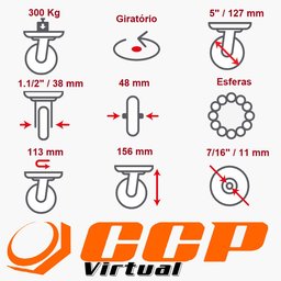 Rodizio Giratório 5'' com Placa e Freio Pu Capacidade até 300kg Linha Reforçada - Colson - 2