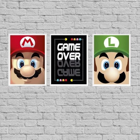 Kit 3 Quadros Vídeo Game Personagens 24x18cm - com vidro:Madeira preta