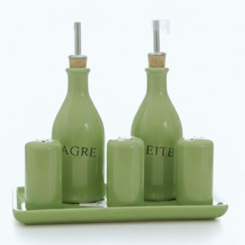 Galheteiro Gourmet 6 Peças em Cerâmica Elegância e Organização para Sua Mesa Posta,bandeja e Bico do