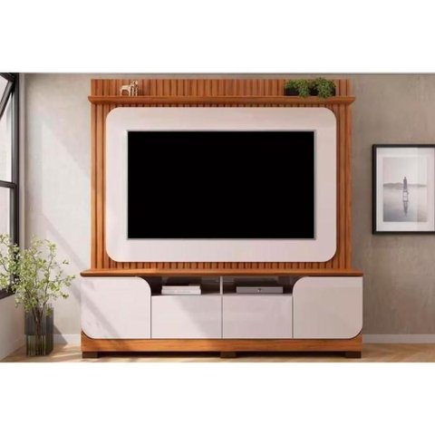 Rack Bancada C/ Painel P/ Tv até 65 Polegadas Vogue Prateleira Nichos e Pés 182x183cm Freijó/off