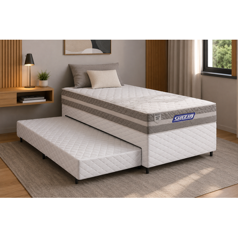 Cama Box + Colchão Gazin de Molas Ensacadas One Face Air Up + Auxiliar de Espuma Solteiro 88 cm
