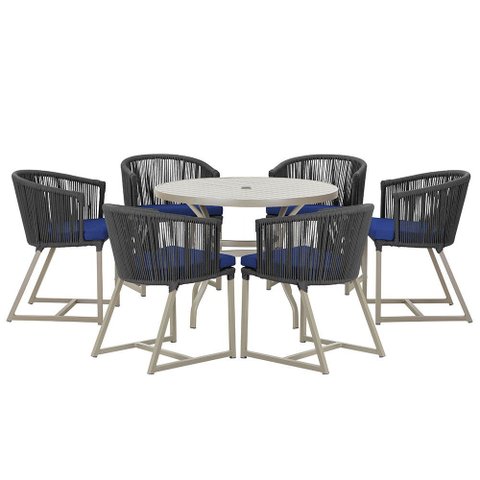 Mesa com 6 Cadeiras de Jantar Roma 120cm e Noronha em Alumínio Fendi Corda Náutica Estofado 10 Trama