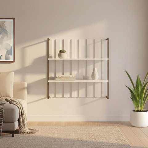 Estante Ripada Mdf Branco com Prateleiras e Tubo Ouro Velho Carraro