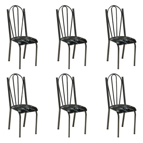 Kit 6 Cadeiras de Cozinha Alasca Estampado Preto Florido Pés de Ferro Cromo Preto - Pallazio