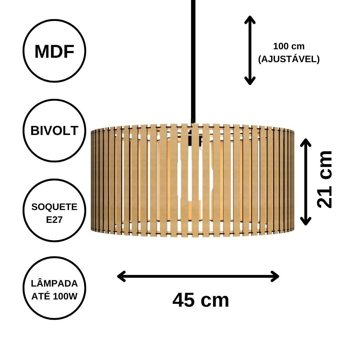 Luminária Pendente Berlim Modelo Ripado -:MDF CRU - 6