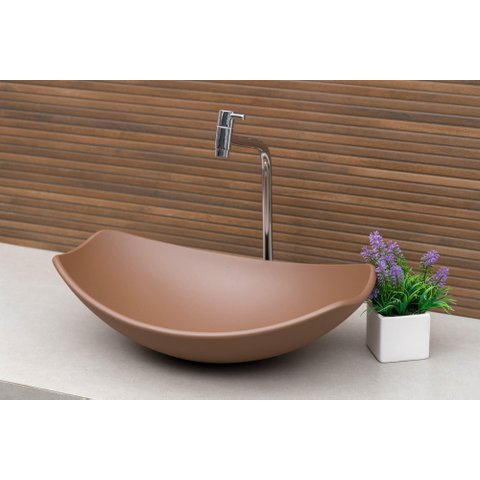 Kit Banheiro Cuba Pia Chanfrada + Torneira e Válvula Cromada:marrom Matte