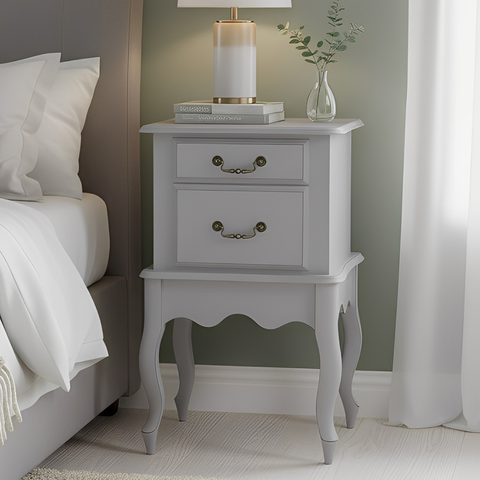 Mesa de Cabeceira Clássica com 2 Gavetas e Pés Luiz Xv - Cinza Laca