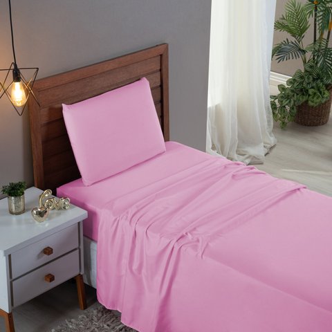Kit Jogo de Cama Lençol Solteiro 300 Fios Algodão com Virol 3 Peças:rosa Bebe