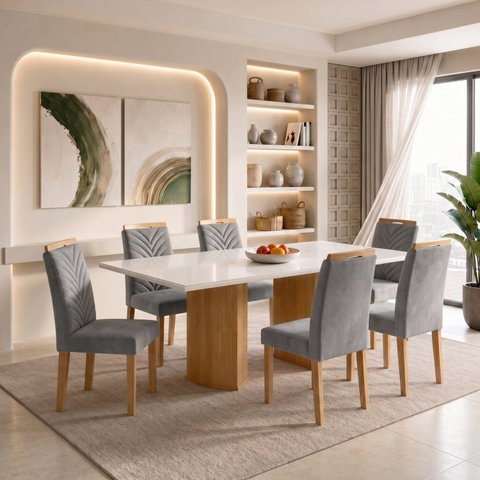 Conjunto Mesa de Jantar 6 Lugares Isla e Cadeiras Carol 160x80cm Cinamomo Off White Cinza