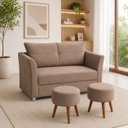 Ver imagem 1 de Kit Namoradeira Lisboa 2 Lugares + 2 Puffs Redondos em Suede para Sala Cappuccino Conforto e Luxo