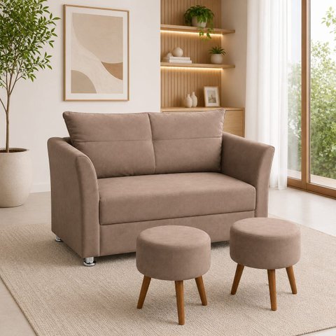 Kit Namoradeira Lisboa 2 Lugares + 2 Puffs Redondos em Suede para Sala Cappuccino Conforto e Luxo