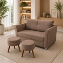 Ver imagem 3 de Kit Namoradeira Lisboa 2 Lugares + 2 Puffs Redondos em Suede para Sala Cappuccino Conforto e Luxo