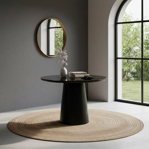 Mesa de Canto Cone Laqueado Redondo Vidro MDF Madeira 70cm Preto