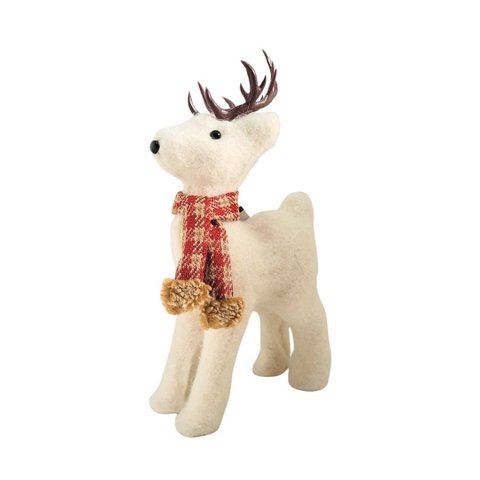 Rena Decorativa Natalina em Pé Pelúcia Creme com Cachecol Xadrez Vermelho e Marrom 24x12cm