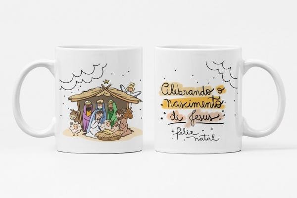 Caneca ECF Natal Celebrando Nascimento de Jesus Branca Porcelana 325ml