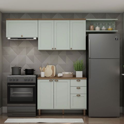Cozinha Completa Iluminata 6 Portas 3 Gavetas 100% MDF Mint/Ébano - Genialflex