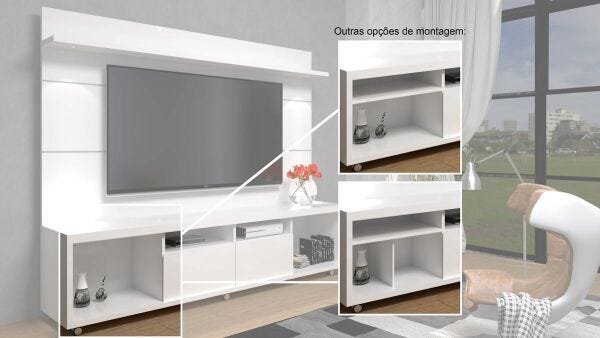Rack com Painel Arizona 220cm Branco Brilho - Móveisaqui - 3