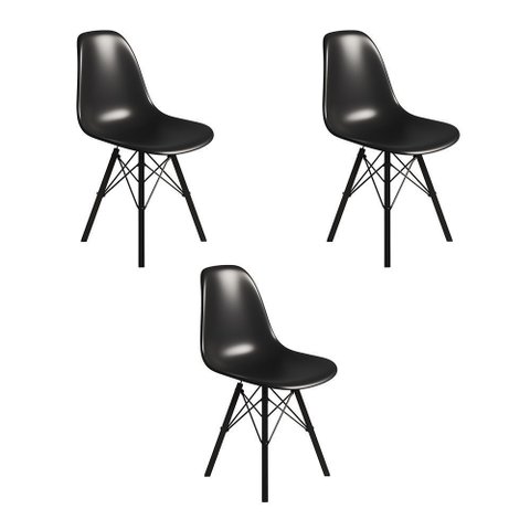 Conjunto 3 Cadeiras Eames Tubo Ferro Preto Assento Preto