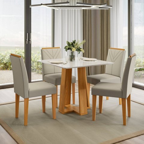 Conjunto Sala de Jantar Mesa 90cm Tampo Vidro/MDF Rubi com 4 Cadeiras Amanda