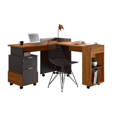 Mesa em L para Escritório Alessa Amêndoa com Chumbo