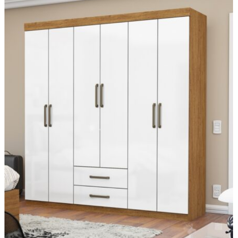 Guarda Roupa Solteiro 6 Portas 2 Gavetas 153cm Áries Cinamomo/Off White - Carioca Móveis