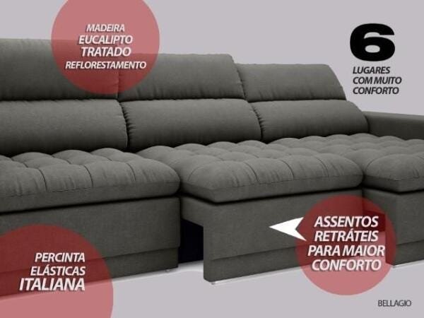 Sofá Bellagio 2,85M Assento Retrátil e Reclinável Velosuede Cinza - NetSofás - 5