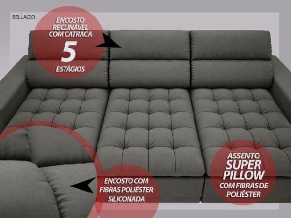 Sofá Bellagio 2,85M Assento Retrátil e Reclinável Velosuede Cinza - NetSofás - 2