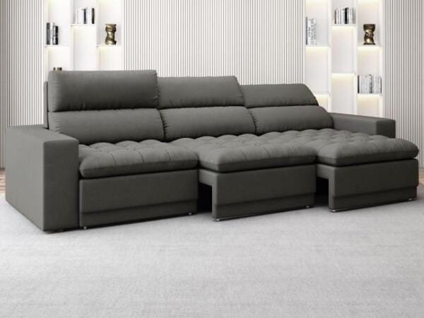 Sofá Bellagio 2,85M Assento Retrátil e Reclinável Velosuede Cinza - NetSofás - 1