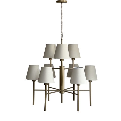 Lustre Estilo Tocheiro 9 Braços Dourado Fosco com Cúpula Marfim