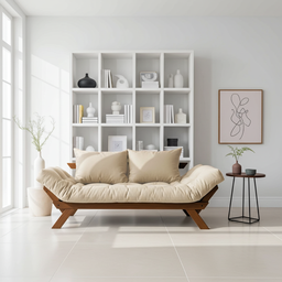 Sofá Cama Japão Futon Bege em Madeira Maciça Cor Imbuia - 2 Sofá Cama Japão Futon Bege em Madeira Maciça Cor Imbuia - 2