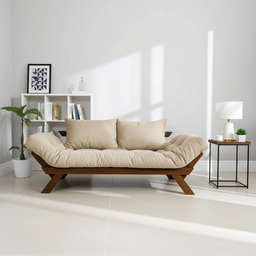 Sofá Cama Japão Futon Bege em Madeira Maciça Cor Imbuia - 3 Sofá Cama Japão Futon Bege em Madeira Maciça Cor Imbuia - 3