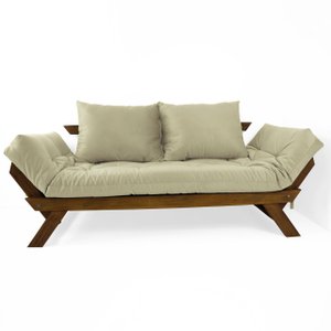 Sofá Cama Japão Futon Bege em Madeira Maciça Cor Imbuia