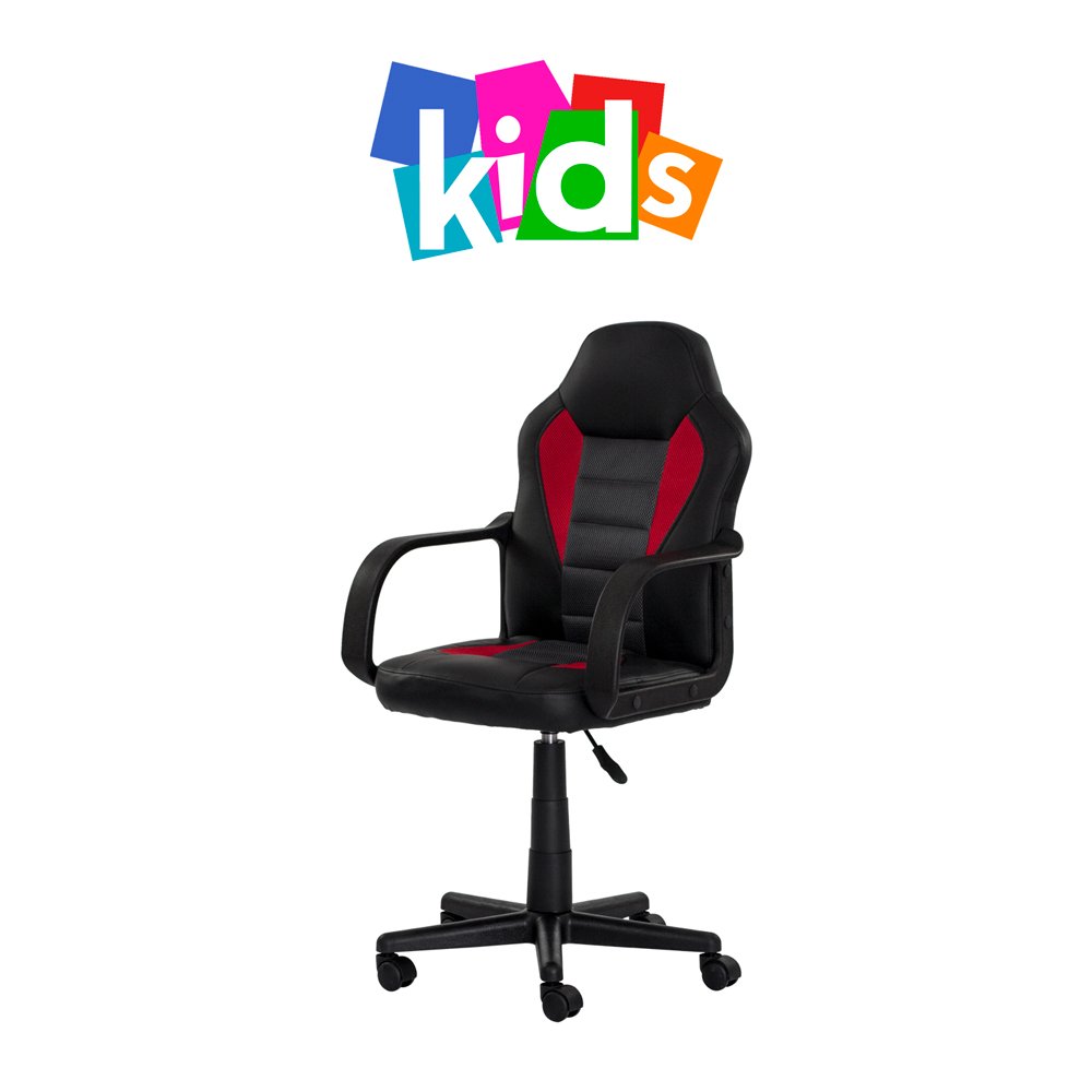 Cadeira Gamer Infantil Giratória Preta com Vermelho Altura Ajustável Rodas Anti Risco