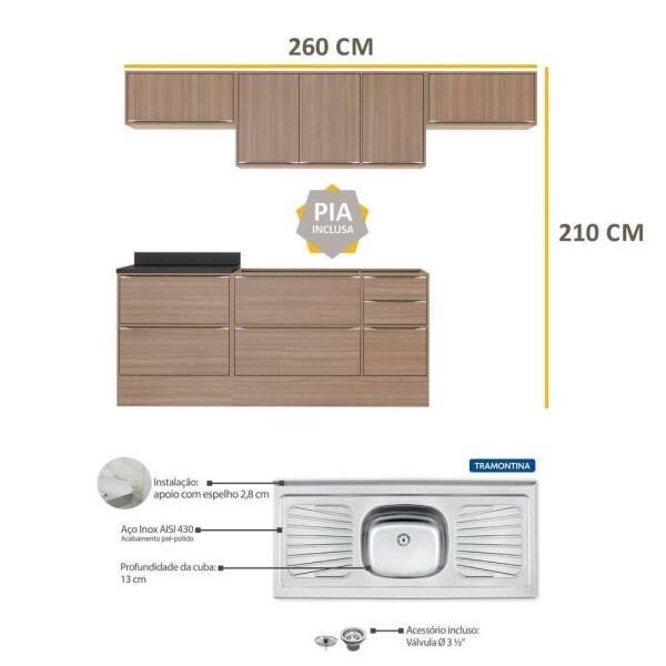 Cozinha Compacta com Pia Inox e Rodapé 8 peças Calábria Multimóveis MP3229 Madeirado - 2