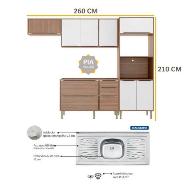 Cozinha Compacta com Pia Inox 5 peças Calábria Multimóveis MP3204 Madeirado/Branco - 2