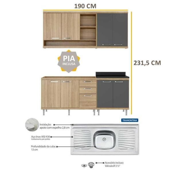 Cozinha Compacta com Pia Inox 5 peças Sicília Multimóveis MP3193 Madeirado/Grafite - 2