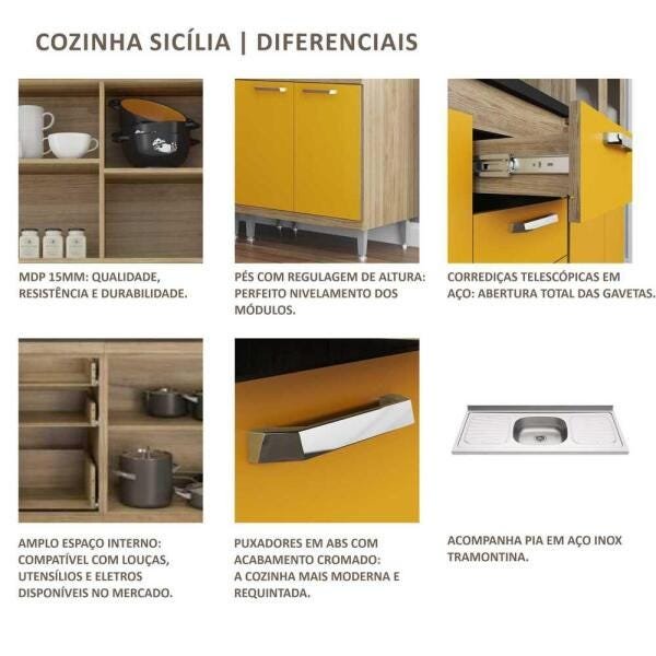 Cozinha Compacta com Pia Inox 8 peças Sicília Multimóveis MP3202 Madeirado/Amarelo/Preto - 3