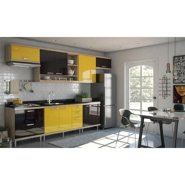 Cozinha Compacta com Pia Inox 8 peças Sicília Multimóveis MP3202 Madeirado/Amarelo/Preto - 7